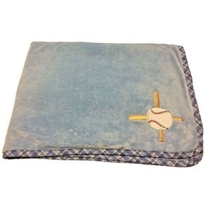 Cocalo Boy Baby Blanket Blue Baseball Applique Plaid‎ Trim Binding 32 x 27